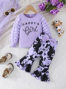 2pcs/Set Baby Girls Bubble Long Sleeve Letter Print Black Top T-Shirt And Black&White Cow Print Bell-Bottom Pants Set, Casual Outdoor - Purple - View 1