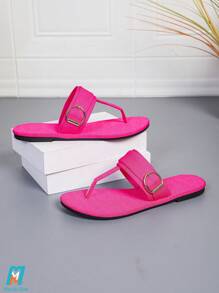 女士夏季凉鞋，金属扣装饰波西米亚风人字拖，红色绑带魔术贴平底凉鞋，欧美中东时尚休闲简约现代T字带平底凉鞋，复古方头家居拖鞋，沙滩装，人字拖 - 玫紅色 - 查看 3