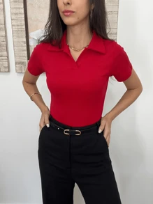 Women's Casual Elegant Polo Neck Shirt BlouseCasualElegantCuteCottonOffice - 紅色 - 查看 2