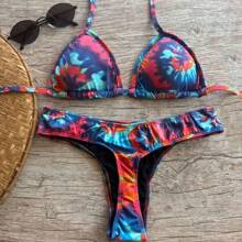 Biquíni Feminino Premium Asa Delta com Bojo Top Cortininha Moda Praia Piscina Verão Bronze Perfeito Carnaval Resort Férias Marquinha Sexy - BIQUINI ASA DELTA TIE - DYE AZUL - Visão 2
