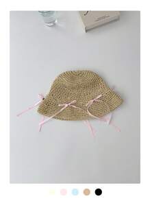 1 件可爱蝴蝶结丝带镂空透气瘦身渔夫帽，女士夏季防晒帽，手工编织蝴蝶结草帽