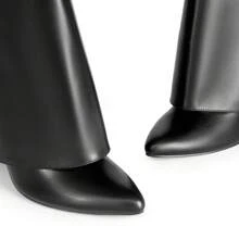 Women's Knee-High Boots, Comfortable Chunky Block Heel Pointed Toe Pull On Side Zipper Suede Slouch Riding Boots - Black - View 7