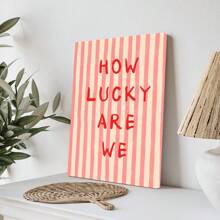 1 Stück gerahmtes dekoratives Leinwandbild, vintage, Wandkunst, Poster, "Wie glücklich sind wir", rosa-rote Streifen, ästhetische Heimdekoration, niedliches positives Zitat Geschenk, Mode, Wohnheimdekor, Mädchenzimmer, Zitate