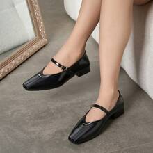 2025 Automne Femmes Mode Élégante Confortable Carrée Orteil Noir Sangle Minimaliste Ballet Flats, Talons Épais Glissant Fête Formel Vacances Sortie Polyvalente Chaussures, Babies - Noir - Voir 9