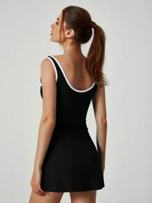 MASKERT 女士网球裙、高尔夫裙、两件套连衣裙、瑜伽裙、弹力健身通勤裙，舒适亲肤，春夏款 - 黑色 - 查看 3