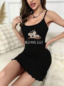 女式休闲可爱卡通树懒印花细肩带吊带连衣裙睡袍 - 黑色 - 查看 3