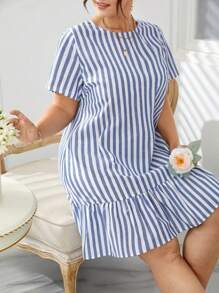 Plus Size Printed Striped Casual Loose Ruffled Hem Short Sleeve Dress, Summer Lounge Wear