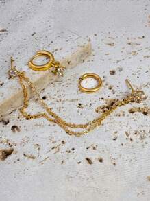 3 pièces Ensembles de boucles d'oreilles à tige en acier inoxydable exquises pour femmes, boucles d'oreilles à fleurs pour piercing du cartilage. Bijoux de mode, hypoallergéniques, boucles d'oreilles pendantes plaquées or 14 carats délicates et à longue chaîne