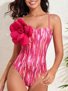 Women's Monokini Swimsuit Tight Fitted 3D Flower Square Neck Spaghetti Strap Swimwear For Beach - Red - View 4