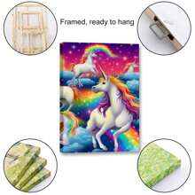 1 Piece Home Wall Decor Framed Canvas Rainbow Unicorn Cartoon Pattern Canvas Wall Art Paintings For Living Room - Canvas Framed Print Wall Artworks Bedroom Decoration Office Wall Decor