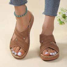 Limp Heel Sandalia Zapatillas Vintage Car Line British Style Antideslizante Cabeza Redonda Pendiente Talón Cómodo Una Palabra Cool Zapatillas Mujeres - Marrón - Ver 2