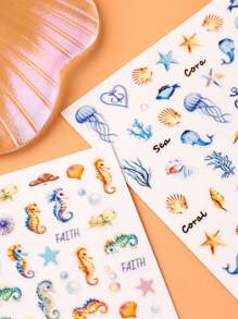 6PCS Blue Ocean Jellyfish Nail Art Decals 3D Seahorse Charms Sea Shell Nail Sticker Self-Adhesive Summer Foil Sliders For Manicure