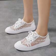 أحذية نسائية بيضاء من الدانتيل أنيقة، كاجوال، خفيفة مريحة للسير، أحذية تنقل اليومية