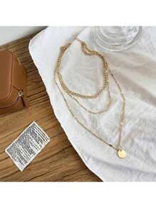 Colar Europeu Americano de Pingentes de Múltiplas Camadas Colar Feminino de Moda Feminina Colar de Cadeia de Clavícula de Disco de Contas de Ouro Único