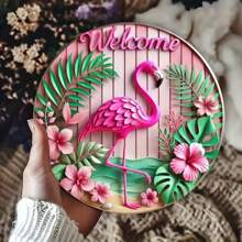 1pc Flamingo Welkomstbord, 8x8 Inch, Unieke Muurkunst, Ijzer Bedrukt, Geschikt Voor Thuis, Café, Bar, Appartement, Restaurant, Woonkamer Decor, Kerstcadeau. Random Hole Ontwerp.