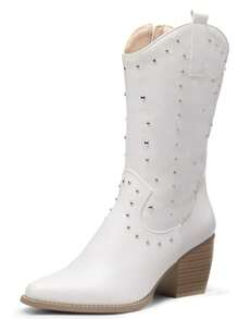 Women's Comfortable Western Boots Waterproof Cowboy Cowgirl Pull-On Mid Calf Boots Stylish And Beautiful Party Dressing Boots For Ladies - White - View 4