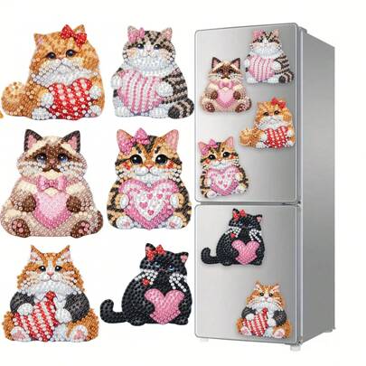 6pcs Diamond Art Fridge Magnets, Heart & Kitten Diamond Painting Kits For DIY Crafts, Gifts, Fridge, Mailbox Decorations