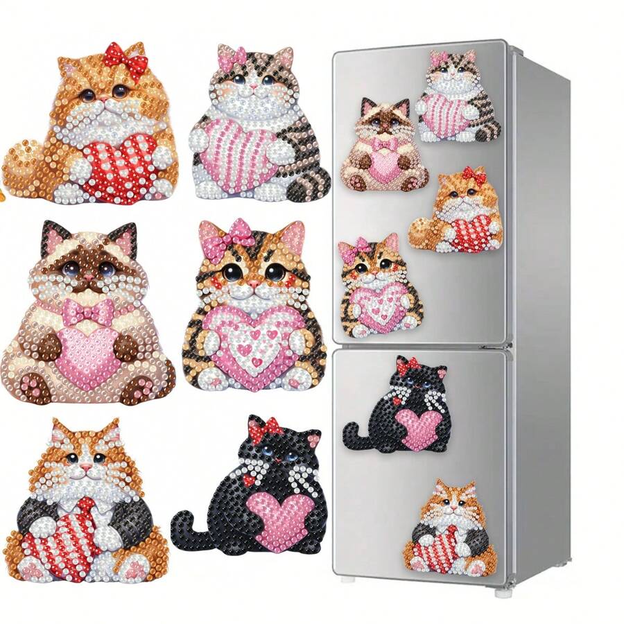 6 件钻石艺术冰箱贴、心形和小猫钻石画套件适用于 DIY 工艺品、礼物、冰箱、邮箱装饰 - 彩色 - 查看 1