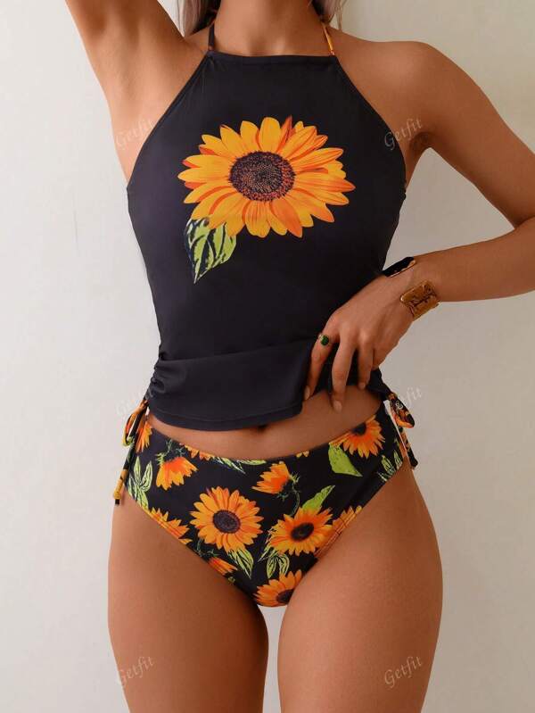 New Summer Fashion European & American Style Bikini Set With Tummy Slimming Tie-Front Halter Design, Women Floral Sunflower Print Swimwear For Beach Holiday