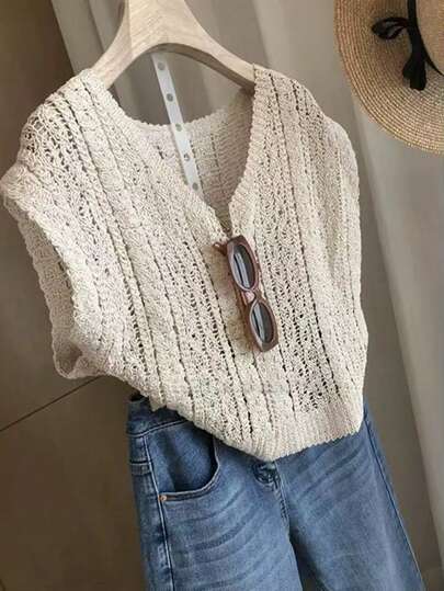 Women Solid Color Knit Fabric Hollow V-Neck Cover Up Sleeveless Crop Top, Spring/Summer
