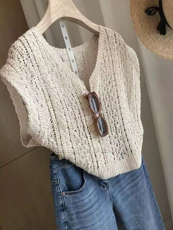 Women Solid Color Knit Fabric Hollow V-Neck Cover Up Sleeveless Crop Top, Spring/Summer