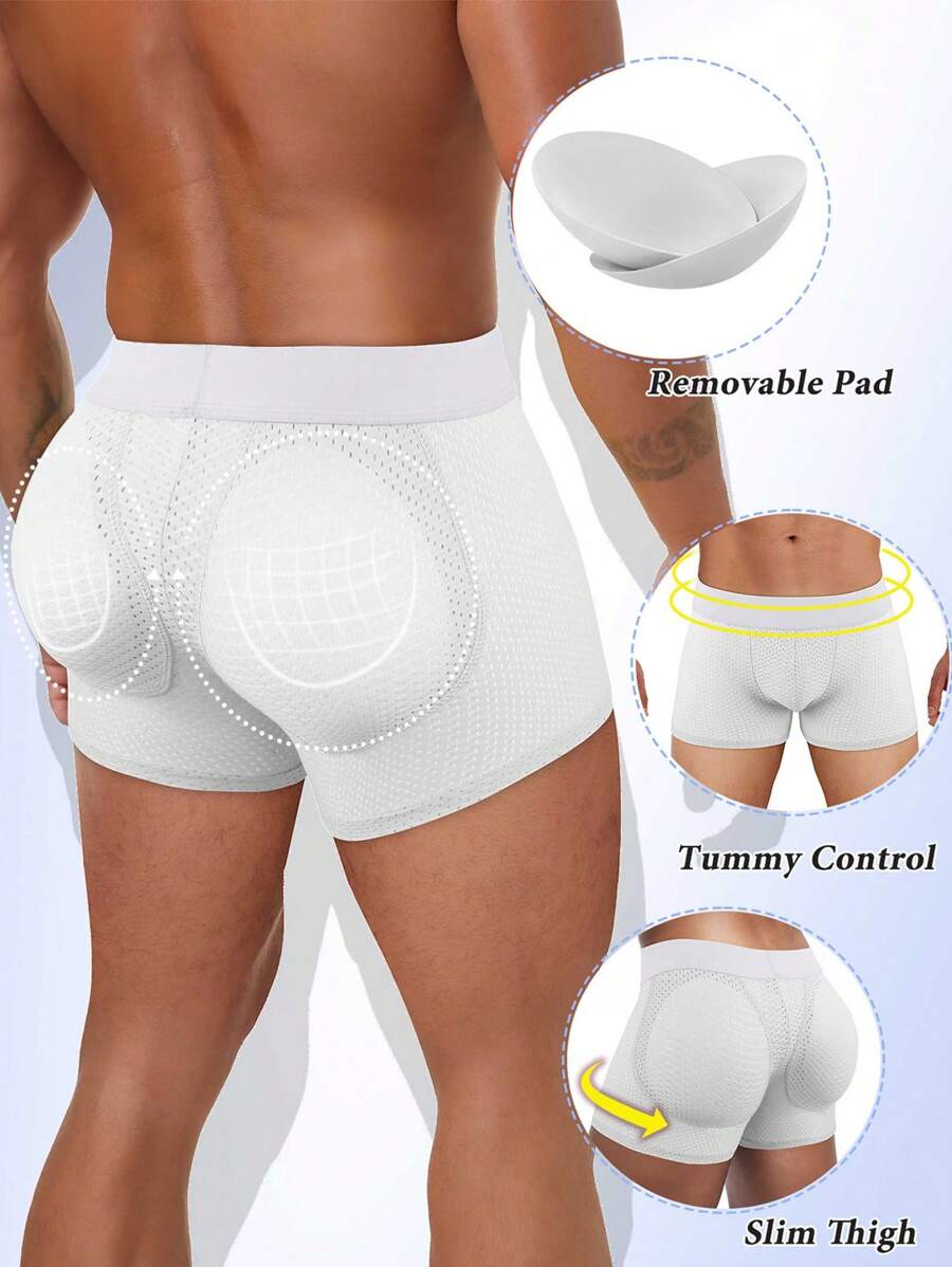 Men's Padded Underwear For Butt Enhancement Tummy Control Shapewear Boxer Briefs Butt Lifter Hip Enhancer Removable Pad Breathable Mesh - White - View 1