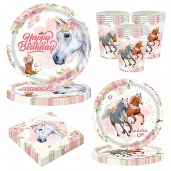 24 件马纸盘杯餐巾，西部牛仔女式一次性盘子，生日派对盘子蛋糕甜点盘，餐具餐具套装用品上菜盘托盘适用于婴儿淋浴日常用餐晚餐节日野餐装饰粉色，可供 24 位客人使用