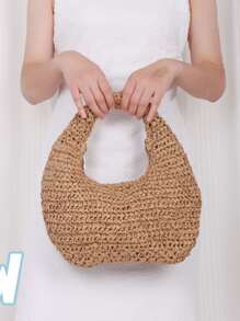 Sac à épaule mou fait main pour femme en kaki, sac cabas crescent tissé en raphia pour plage d'été