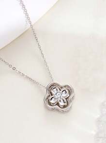 1pc Elegant S925 Sterling Silver Four-Leaf Clover Pendant Necklace With Rhinestones, Double-Sided Wear, Luxury Gift For Women, Wedding Party - Silver - View 4