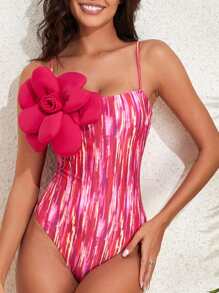 Women's Monokini Swimsuit Tight Fitted 3D Flower Square Neck Spaghetti Strap Swimwear For Beach - Red - View 2