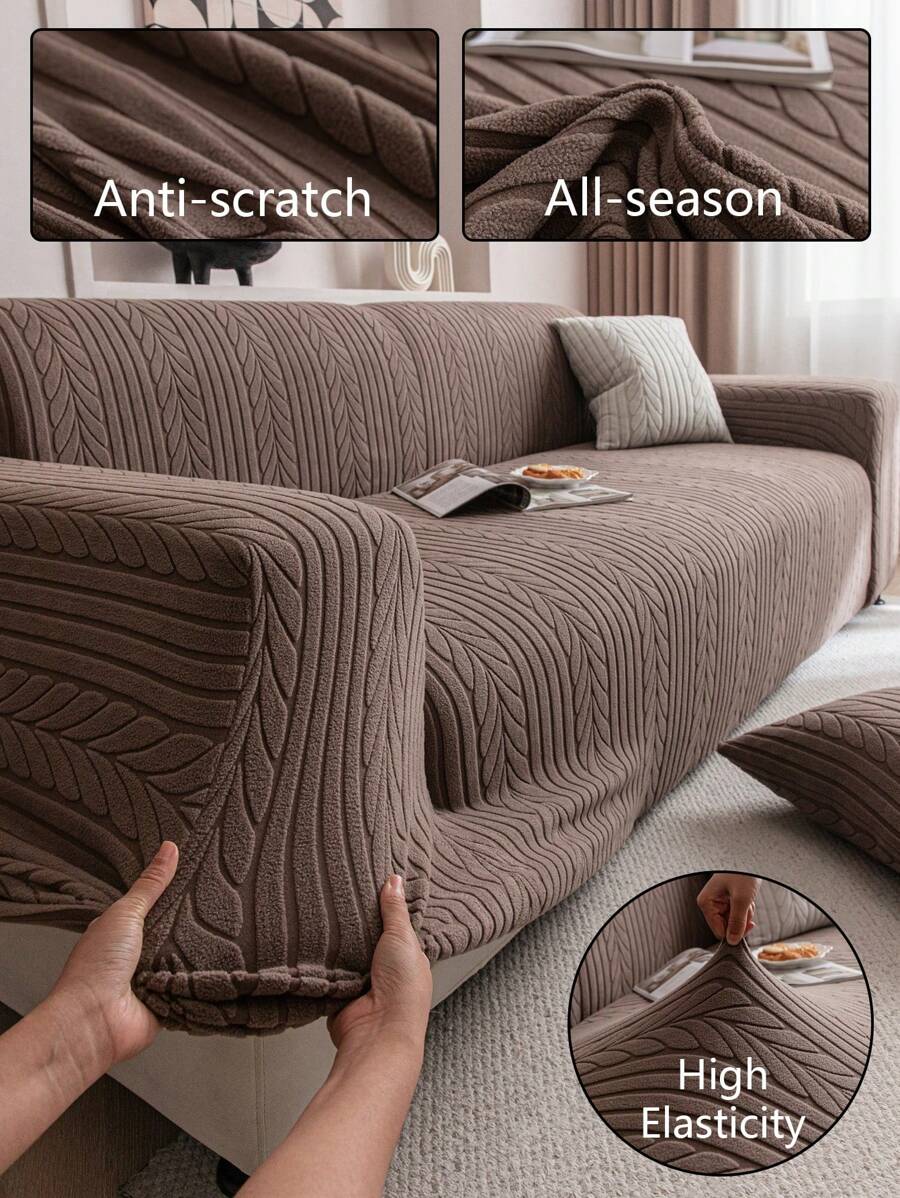 1pc Solid Color Jacquard Elastic Sofa Cover, Ins Style Suitable For All Seasons, Machine Washable, Pet Proof , Applicable For Living Room, Bedroom, Dining Room, Outdoor, Fits 1-4 Seater Sofa, Non-Slip Strips Included