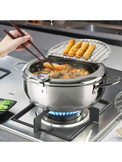 1pc Thermometer With Lid Frying Pan, Stainless Steel Frying Pan With Temperature Control And Oil Droplet Filter Rack, Suitable For Kitchen French Fries, Chicken, Etc., Universal For Gas Stove And Induction Cooker, Kitchen Cookware, Outdoor Barbecue, Deep Frying, Mother's Day Gift
