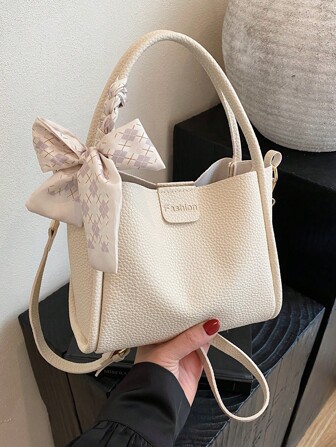 女士新款春夏水桶包，简约，百搭，单肩斜挎，时尚蝴蝶结围巾装饰