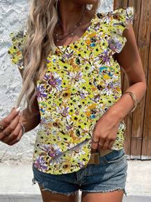 Blusa de moda con estampado floral, espalda descubierta y mangas con lazo de encaje