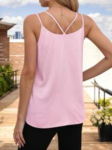 Women's Basic Blouse With Crossed Straps And V-Neckline - Baby Pink - View 2