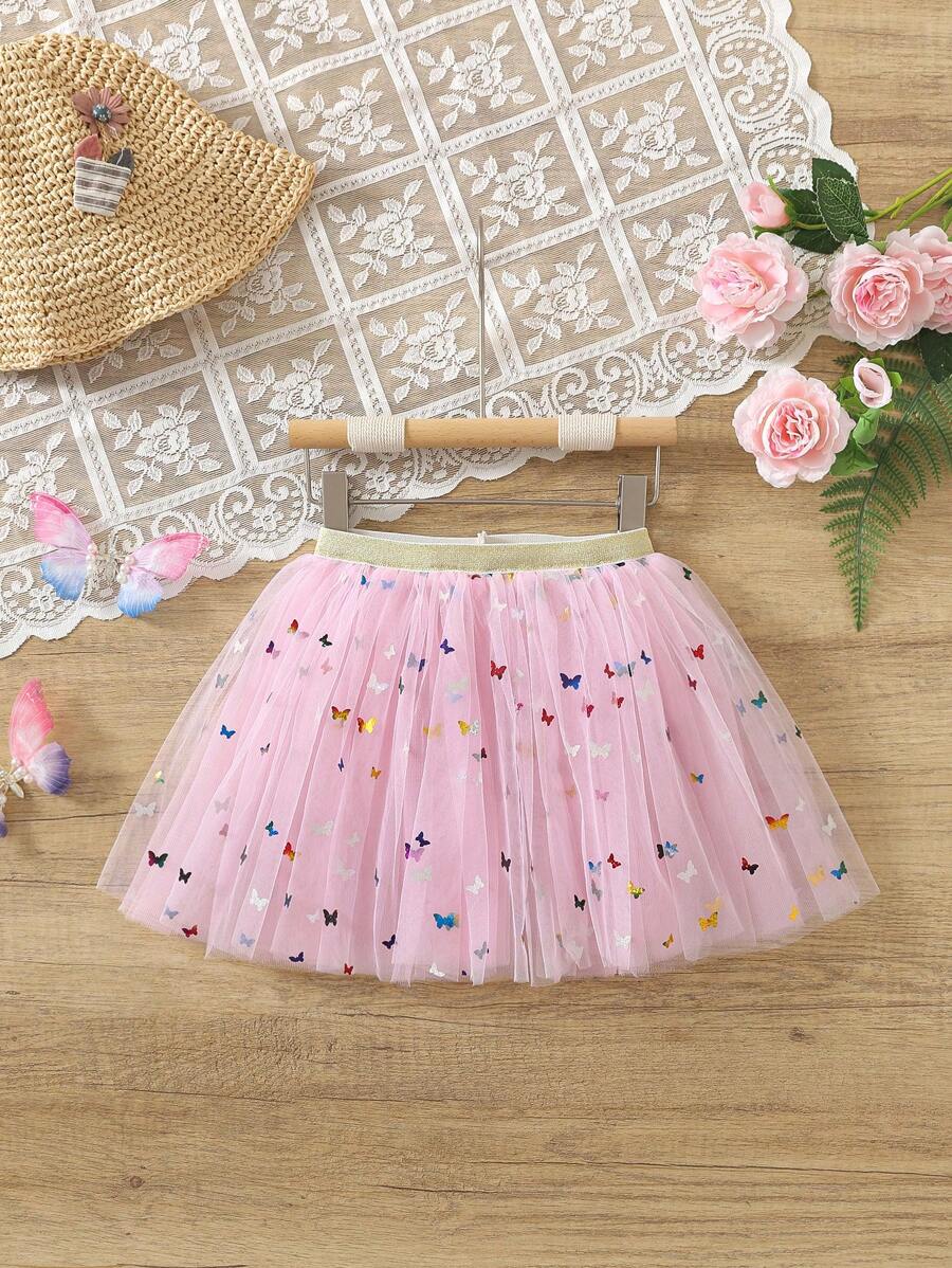 Young Girl Rainbow Butterfly Tulle Cute Mini Skirt - Pink - View 1