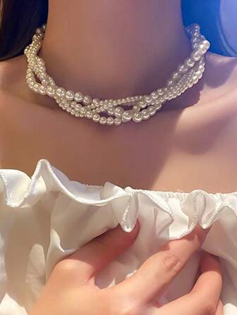 Nooxian 1 pieza Collar de perlas envuelto hecho a mano estilo barroco retro, collar de perlas de estilo elegante para mujeres