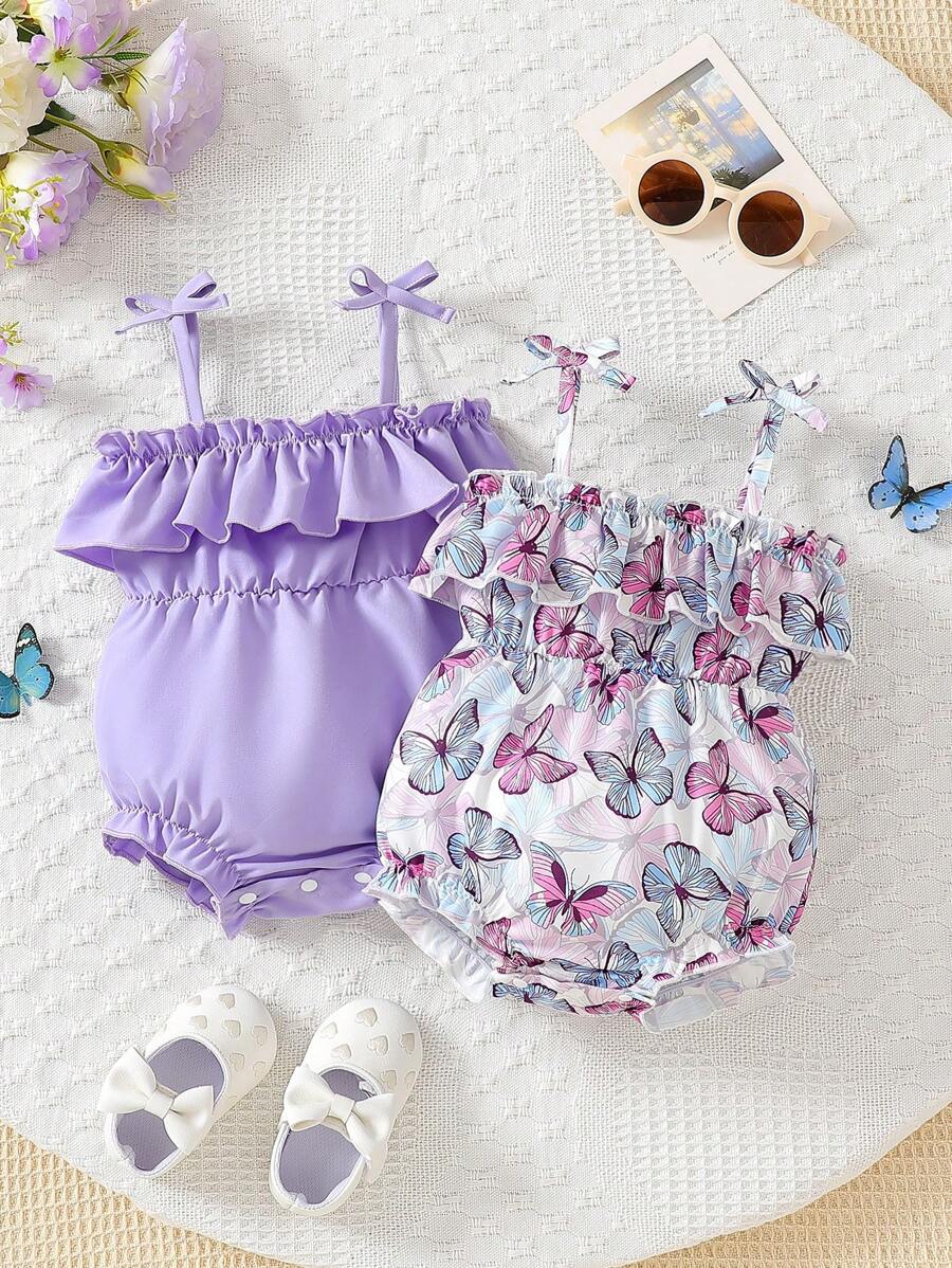 2pcs Baby Girls Summer Sleeveless Solid And Fruit Print Bodysuit Set