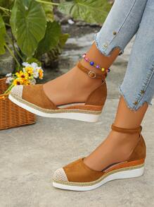 2025 New European & American Fashion Plus Size Wedge Heel Sandals, Jute Splice Roman Sandals, Comfortable & Lightweight Strap Solid Color Ladies Shoes For All Seasons