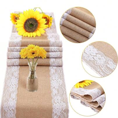 1pc Natural Coarse Linen Tablecloth With White Lace, Rustic Decor Table Cloth, Bulk Gifts, Suitable For Wedding, Thanksgiving Party, Hotel, Farmhouse Home