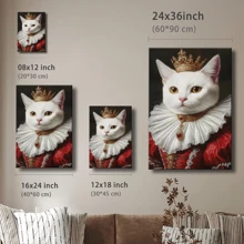 1pc Pet Wrapped Framed Canvas Wall Art, Vintage Prints Poster, Cat Dress Crown White Red Gold, Birthday Party Decor, Decorative Wall Art For Living Room Bedroom Office, Hanging Hardware Included - Framed, Vertical