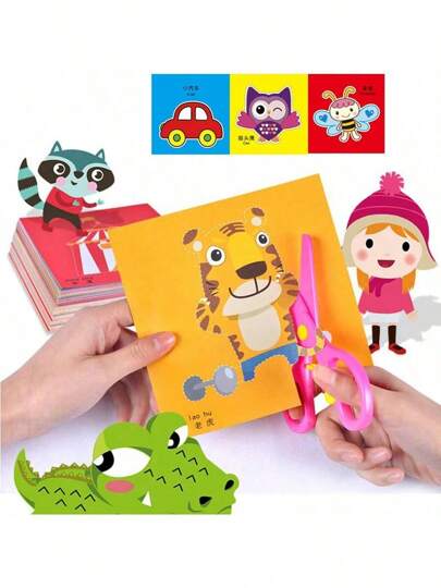 48/96pcs Paper Cutting Set Includes Plastic Scissors & Patterned Paper, Cartoon Animal & Life Pattern, Non-Repetitive, Puzzle Toy To Improve Hand-Eye Coordination, Gifts For Children, Preschool Educational Supplies