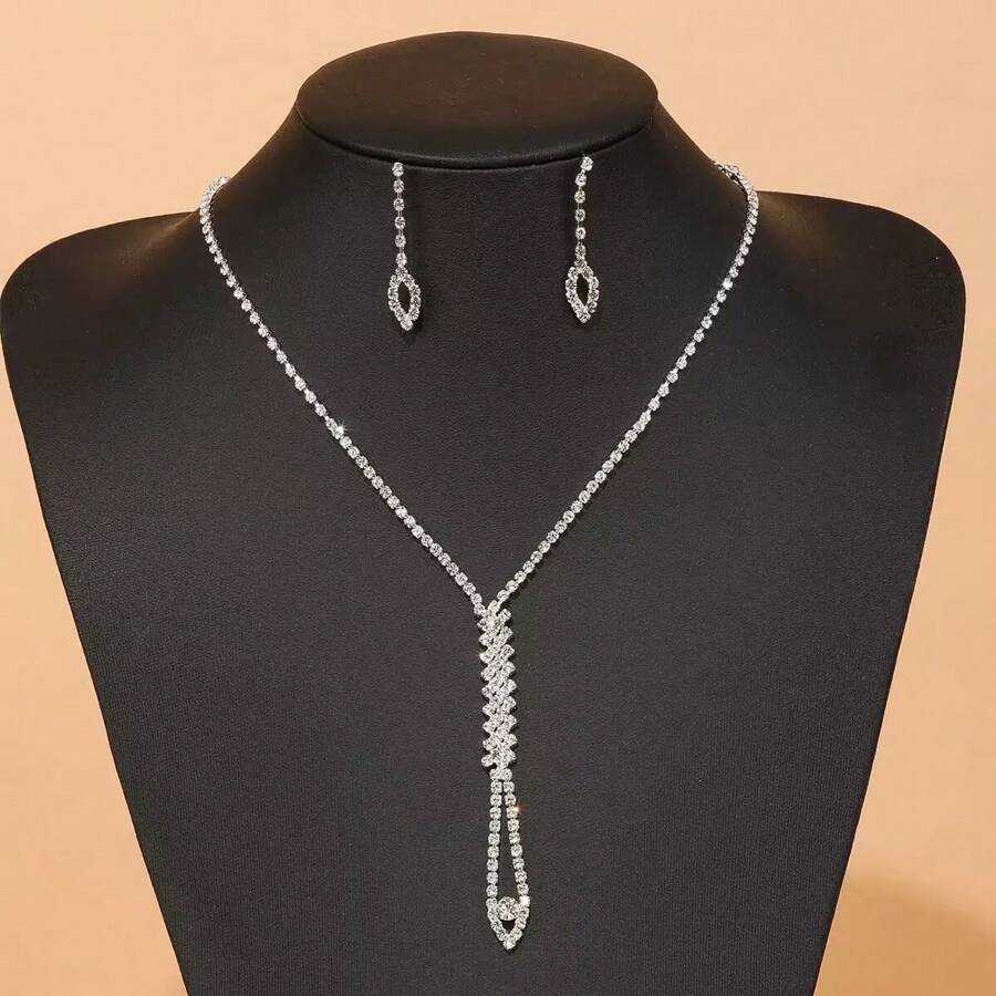 3件套，全套水钻项链，时尚个性化礼品，流苏水钻耳环，流苏首饰2件套，新娘配饰，节日礼品，首饰套装，夏季礼品，母亲礼品，优雅配饰 - 銀色 - 查看 1