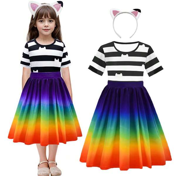 Summer Toddler Girls Gabby Rainbow Costumes Dress For Kids Halloween Carnival Outfit Birthday Costumes With Headband Party Dress Up 3-7Y