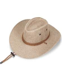 Western Style Classic Cowboy Linen Hat Wide Brim Twisted Rope Design Cowgirl Hat With Adjustable Chin Strap