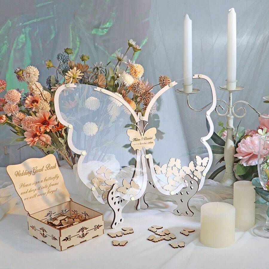 1 件 11.82 X 11.1 英寸大型婚礼留言簿，带蝴蝶装饰的签名留言簿，个性化留言簿，配有 60 只蝴蝶 + 蝴蝶收藏盒 + 木盒，婚礼签到装饰，适合周年纪念/婚礼、派对仪式 - 彩色 - 查看 1