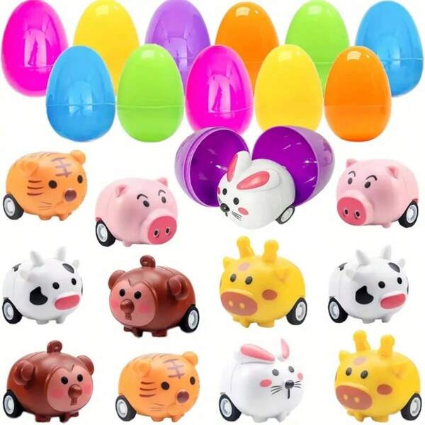 Set de 24 huevos de Pascua con juguetes de vehículos de dibujos animados, huevos de plástico con autos con estampado de animales, adecuados para que los niños encuentren huevos de Pascua, rellenos de cestas de Pascua, regalos de fiesta de Pascua, recompensas en el aula, colores aleatorios