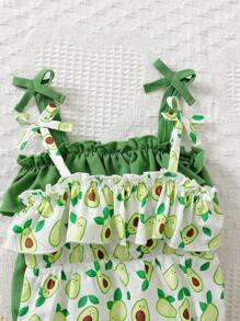 Set de 2 piezas de mono sin mangas de verano con estampado sólido y de fruta para niñas bebé