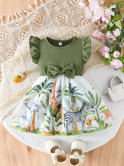 夏季女宝宝盖袖圆领甜美蝴蝶结装饰恐龙印花拼布休闲可爱户外连衣裙
