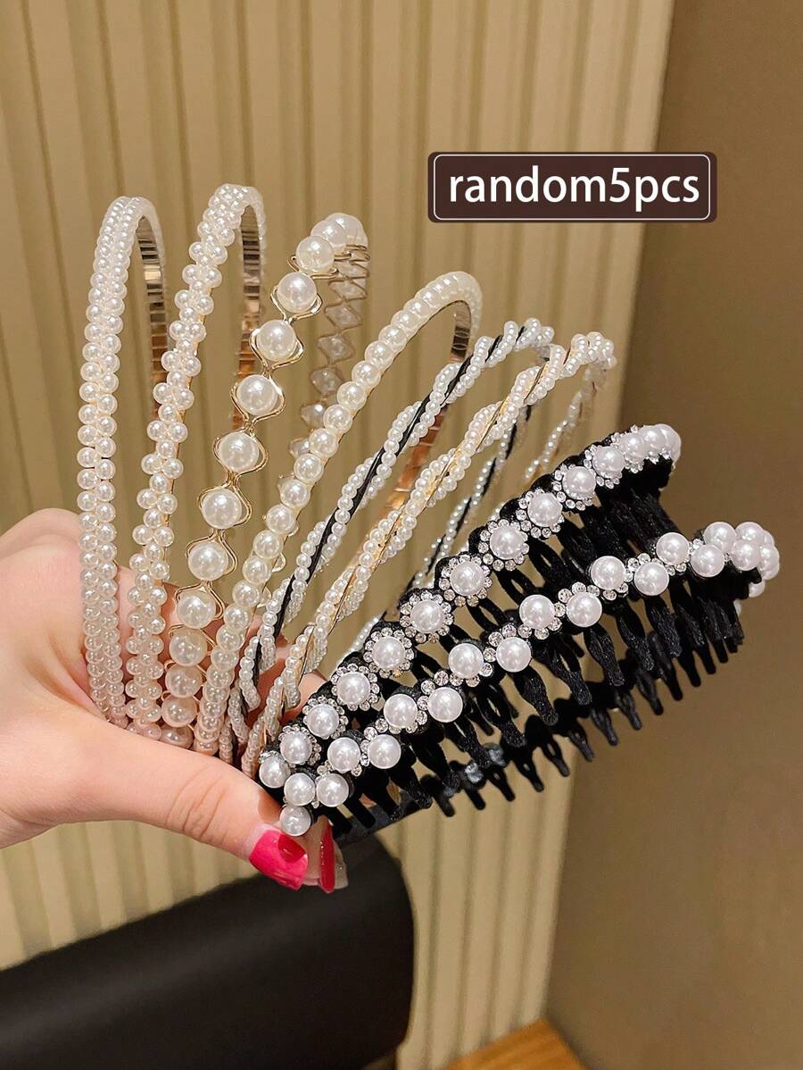 5 piezas Diadema de mujer con perlas falsas y rhinestones, diadema versátil y de alta moda para uso al aire libre, accesorios para el cabello, diadema, accesorios para la cabeza - Multicolor - Ver 1